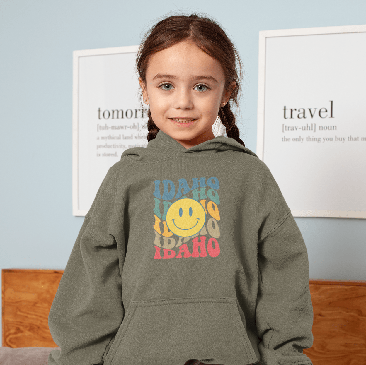 208 Supply Co Small (6-8) / Military Green Smiley Idaho Unisex Midweight Youth Hoodie